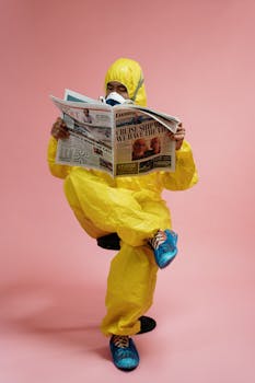 Man In Yellow Protective Suit Holding A Newspaper